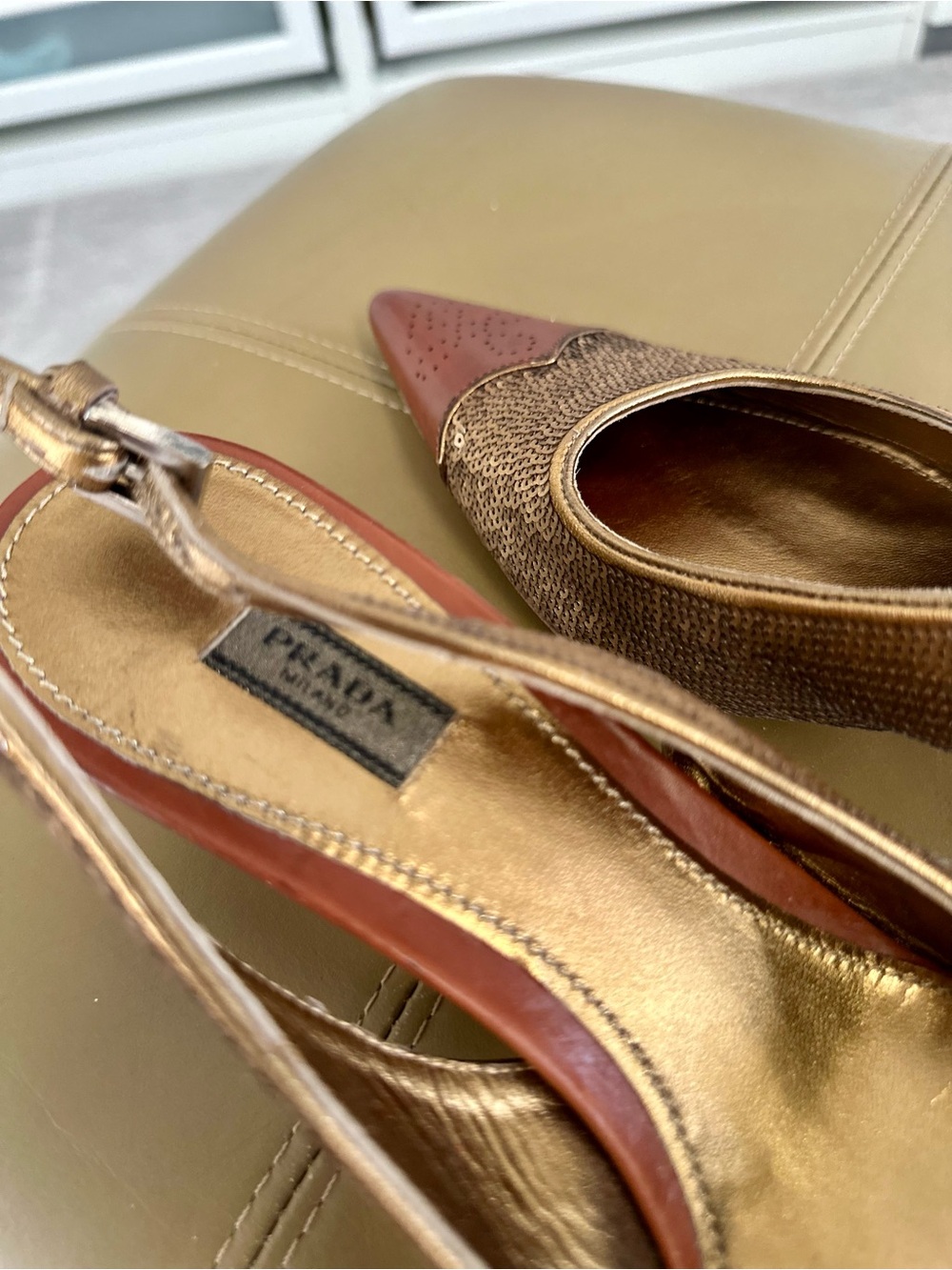 Prada Vintage Pointed Slingback Heels brown leather and sequins. Size 39.5 - Picture 9 of 10